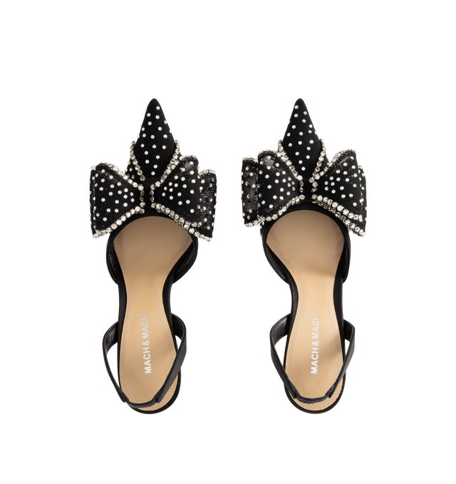 Image 5 of 5 - BLACK - MACH & MACH Le Cadeau Crystal Mesh Slingback featuring an elasticated slingback strap, a high stiletto heel, crystal embellishments and bow detailing. The heel height measures 85mm. Made in Italy.