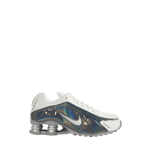 Image 1 of 5 - MULTI - NIKE Shox R4 Sneaker featuring Nike Shox columns, synthetic and textile upper, circular Waffle outsole, laser perforations throughout provide ventilation and reflective details.