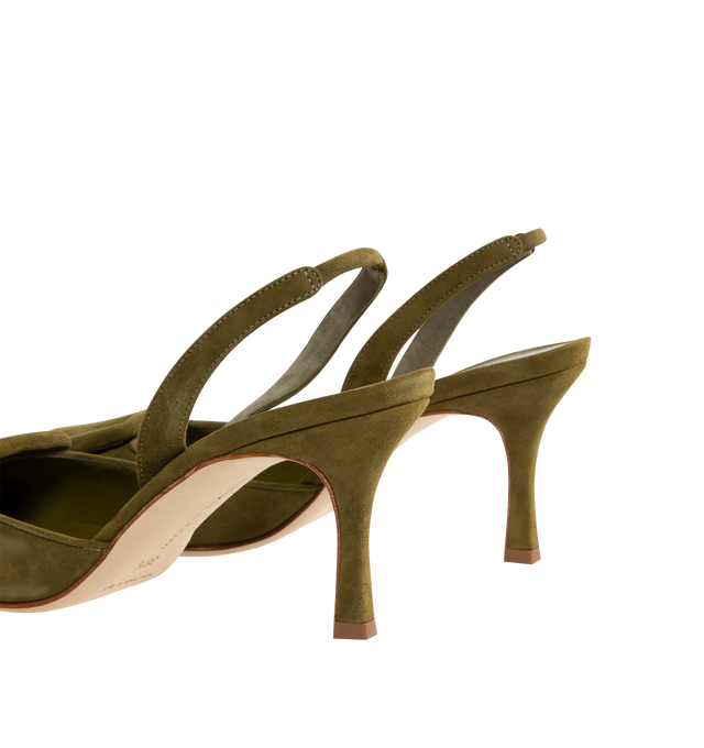 Image 3 of 4 - GREEN - MANOLO BLAHNIK Suede Buckle Detail Slingback Pumps with 2.7" stiletto heel, pointed toe with tonal buckle detail, leather lining and leather sole. Made in Italy.