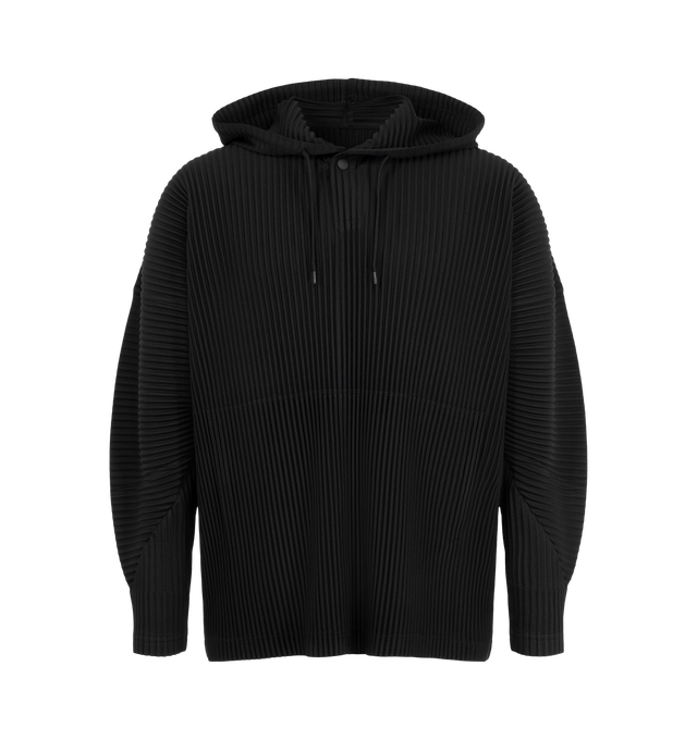 Image 1 of 2 - BLACK - Issey Miyake Men's Black Hoodie, featuring a signature garment-pleated texture, drawstring hood, and front press-stud closure. Composition: Polyester 100%.