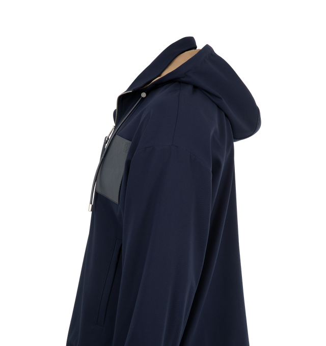 Image 3 of 4 - NAVY - LOEWE Hooded Jacket in lightweight compact cotton twill featuring a removable hooded collar, adjustable hem, relaxed fit, regular length, concealed rib knit cuffs, leather chest patch pocket, zipped welt pockets and unlined. Cotton. Made in Italy.