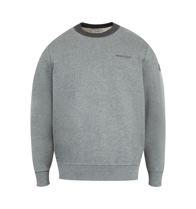 Image 1 of 3 - GREY - MONCLER Crewneck Sweatshirt featuring long sleeves, ribbed cuffs and hem, contrast neckline, logo on chest and patch on sleeve.