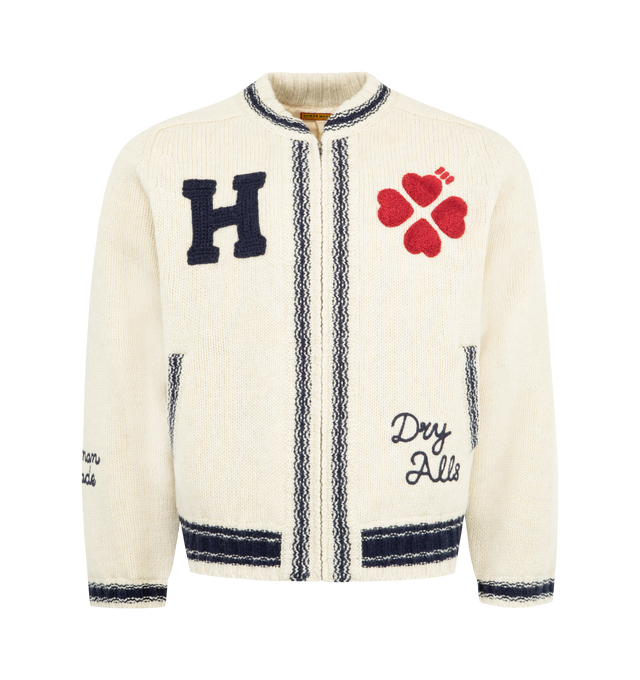 Image 1 of 3 - WHITE - HUMAN MADE Zip-Up Knit Jacket featuring warm, mid-gauge wool knit, polyester lining with heart-shaped quilting, H crocheted on the right chest, heart motif in chenille embroidery on the left chest, brand message expressed in chain stitching, knitted lines add character to the design and two front pockets. 100% wool.