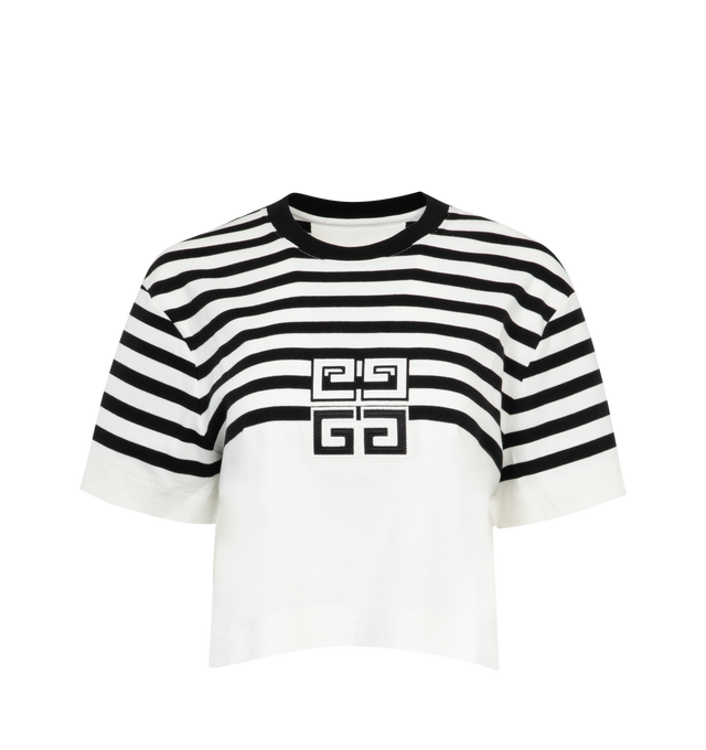 Image 1 of 2 - WHITE - GIVENCHY Cropped T-Shirt with 4G Logo featuring stripes and an embroidered "4G" logo at the front, crew neckline, short sleeves, hip length, pullover style and relaxed fit. 100% cotton. Made in Italy. 