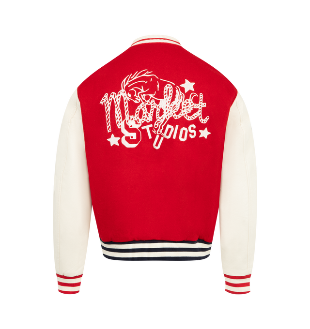 Image 2 of 4 - MULTI - MARKET Old West Varsity Jacket featuring faux leather long sleeves, ribbed neckline, ribbed cuffs and hem, Market brand patches and embroidery, snap-button front closure, side pockets and quilted lining with printed Market graphics. 50% polyester, 50% wool. Sleeves: 100% PU. Lining & filling: 100% polyester.