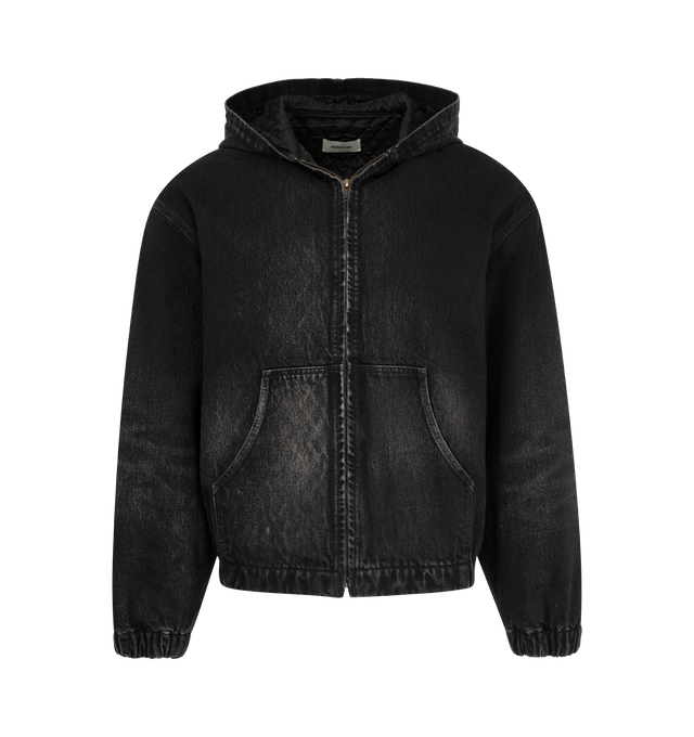 Image 1 of 3 - BLACK - SEEKINGS Hooded Denim Worker's Jacket feauring boxy oversized fit, zip front closure, kangaroo pocket at front and elastic cuff and hem. 100% cotton. 100% olyester lining.