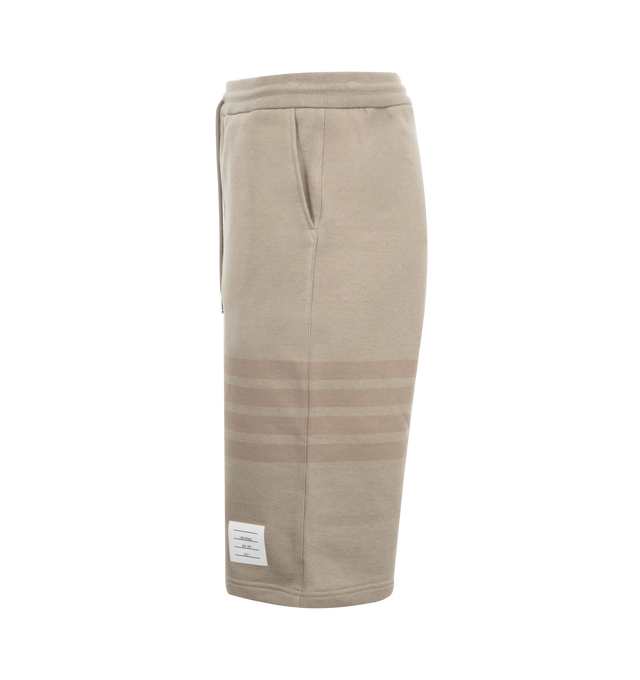 Image 3 of 3 - BROWN - THOM BROWNE Classic Loopback 4-Bar Sweatshorts featuring 4-Bar stripe detailing, drawstring waistband, engineered 4-bar stripe detail at left thigh, name tag applique above left cuff, slip side pockets, single back welt pocket and signature striped grosgrain loop tab at back waist. 100% cotton. Made in Japan.