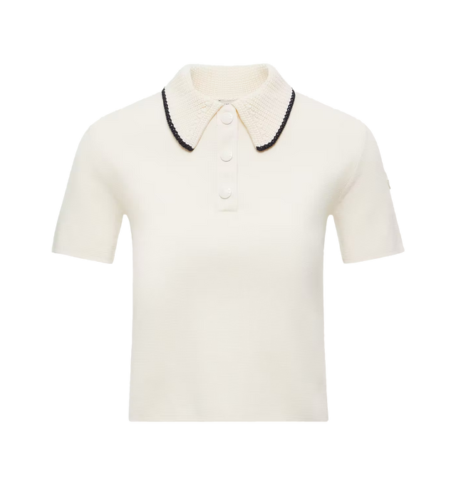 Image 1 of 1 - WHITE - MONCLER Knit Cotton Polo Shirt featuring knit collar, gauge 7, short sleeves and snap button closure. 100% cotton.