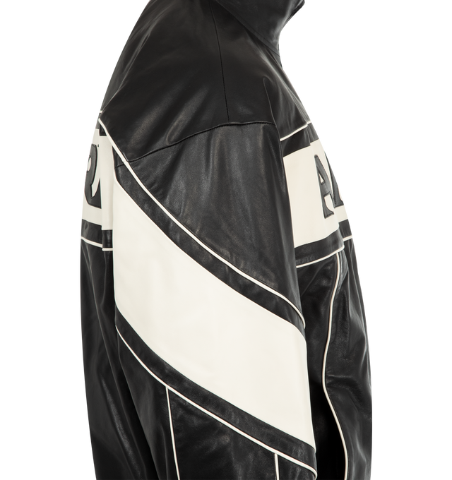 Image 3 of 3 - BLACK - AMIRI Sport Leather Jacket featuring zip-front closure, stand collar, front slit pockets and logo on front and back. Made in Italy.