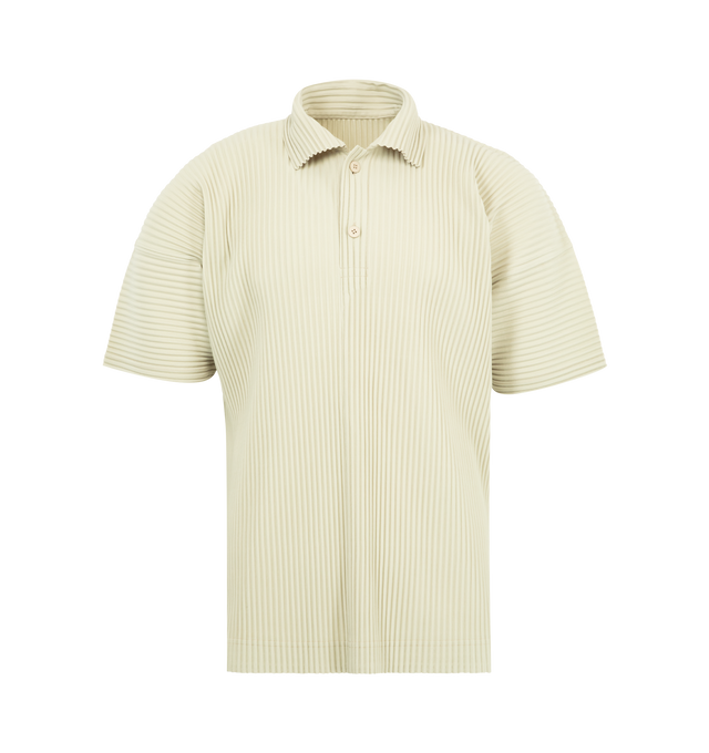 Image 1 of 2 - WHITE - ISSEY MIYAKE MC May Polo featuring garment-pleated polyester, spread collar, two-button placket and short sleeves. 100% polyester.