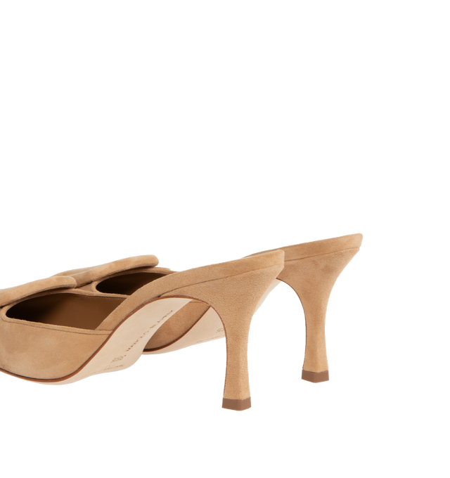 Image 3 of 4 - BROWN - MANOLO BLAHNIK Maysale 70 Suede Mules featuring a decorative buckle, pointed toe and slip on. 70mm heels. Suede leather. Made in Italy 