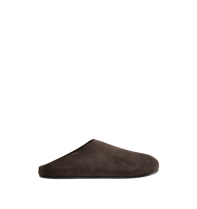 Image 1 of 4 - BROWN - The Row Men's Hudson Slide is crafted from natural suede calfskin leather and features a relaxed slip-on silhouette with a round toe, contoured footbed, and lightweight synthetic sole. Designed for everyday comfort, this refined sandal combines premium materials with understated styling and is finished with a subtle elevated profile. Main Material: 100% Calfskin Leather. Footbed: Contoured. Sole: Synthetic. Toe: Round. Heel Height: 1.25 in. *Fit: Runs Slightly Small; We Recommend Orde