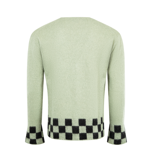 Image 2 of 2 - GREEN - SECOND LAYER Chevy Cardigan featuring kid mohair-blend cardigan, Y-neck, button closure and jacquard check pattern at rib-knit hem and cuffs. 67% super kid mohair, 28% nylon, 5% wool. Made in Italy.