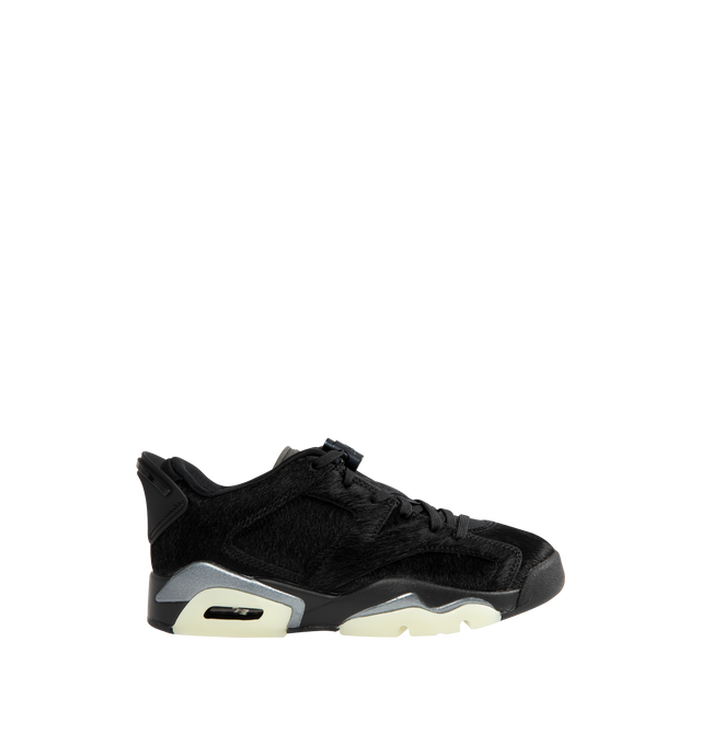 Image 1 of 5 - BLACK - JORDAN Air Jordan 6 Low Sneaker featuring leather and textile upper with pony hair and rubber sole, lace-up closure, padded low-cut collar, triple-black palette, translucent outsole and rounded toe.