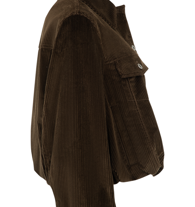 Image 3 of 3 - BROWN - Loewe Women's Jacket in Cotton Corduroy is crafted from medium-weight cotton corduroy and features a balloon silhouette with curved sleeves. Designed in a regular fit with a short length, this fully lined style is detailed with a button front fastening, buttoned chest patch pockets, vertical welt pockets, and leather-backed collar and cuffs. An embossed 'LOEWE' leather patch at the back completes the design. Main Material: Cotton . Fully Lined. Made in Italy.