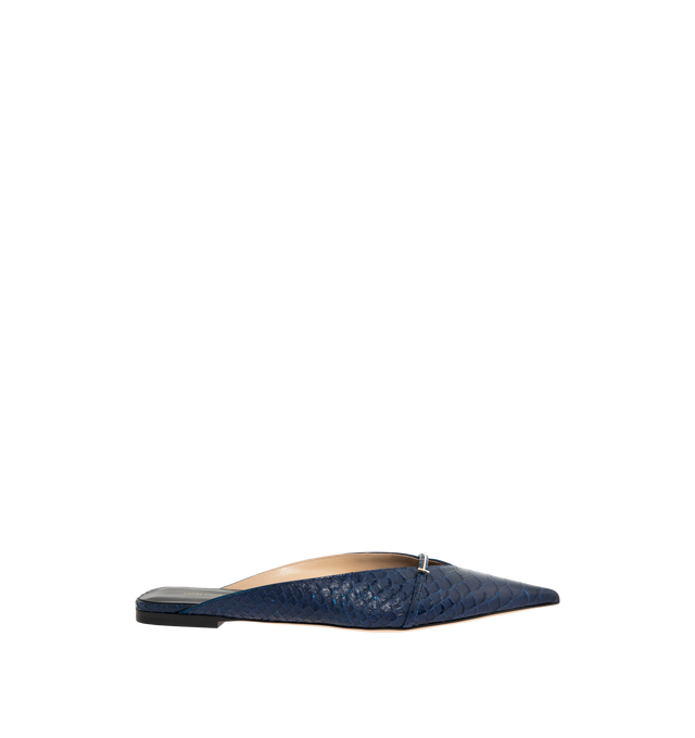 Image 1 of 4 - BLUE - TOM FORD Python Embossed Pointed Toe Mule featuring snake-embossed leather slip-on flats, pointed toe, strap and logo hardware at vamp, logo printed at footbed, stacked leather heel and leather sole. Upper: leather. Sole: leather. Made in Italy.
