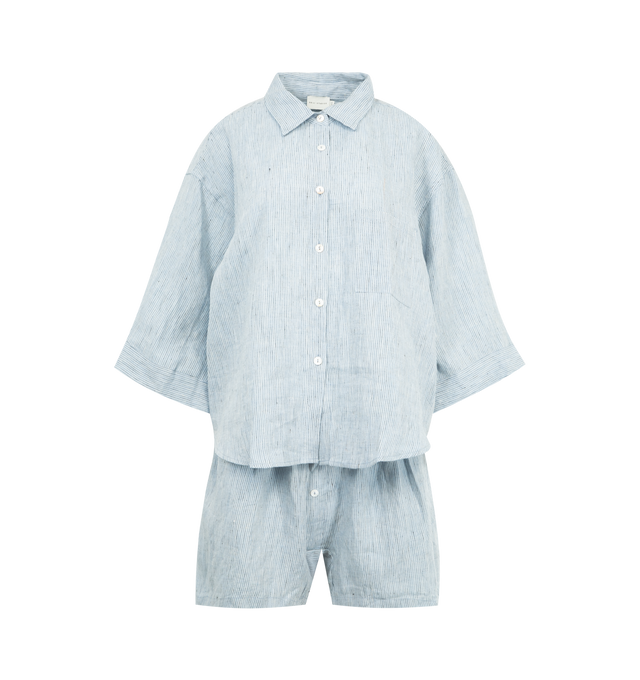 Image 1 of 6 - BLUE - DEIJI STUDIOS 03 Set featuring an oversized box fit linen shirt with wide arms and a front pocket designed to sit mid rise, the loose fitting boxer style shorts have a faux button down fly and an elastic waist for extra comfort. 100% GOTS certified organic, OEKO-TEX 100 certified and EU certified stone washed french linen.