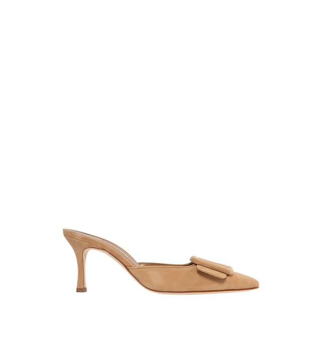 Image 1 of 4 - BROWN - MANOLO BLAHNIK Maysale 70 Suede Mules featuring a decorative buckle, pointed toe and slip on. 70mm heels. Suede leather. Made in Italy 
