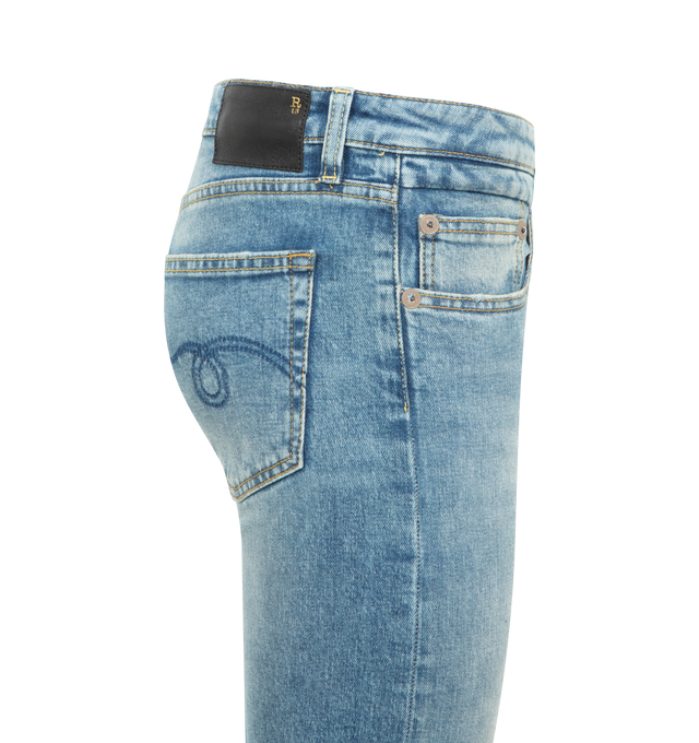 Image 3 of 3 - BLUE - R13 Boy Rip Straight Leg Jean featuring zip fly with button closure, whiskering and fading detail along front, 5-pocket design and frayed hem. 98% cotton, 2% elastane. Made in Italy.