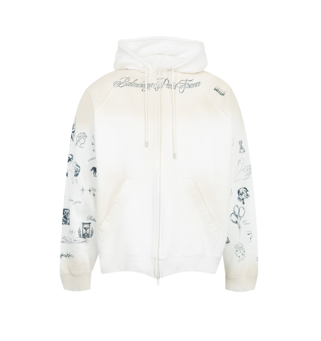 Image 1 of 2 - WHITE - BALENCIAGA Raglan Zip-Up Hoodie featuring dry fleece, worn-out details, hood with drawstring, long sleeves, double-ended zip fastening, 2 front pockets, elasticated cuffs and waistline and tattoo artwork printed on the front and sleeves. 100% cotton. Made in Portugal.