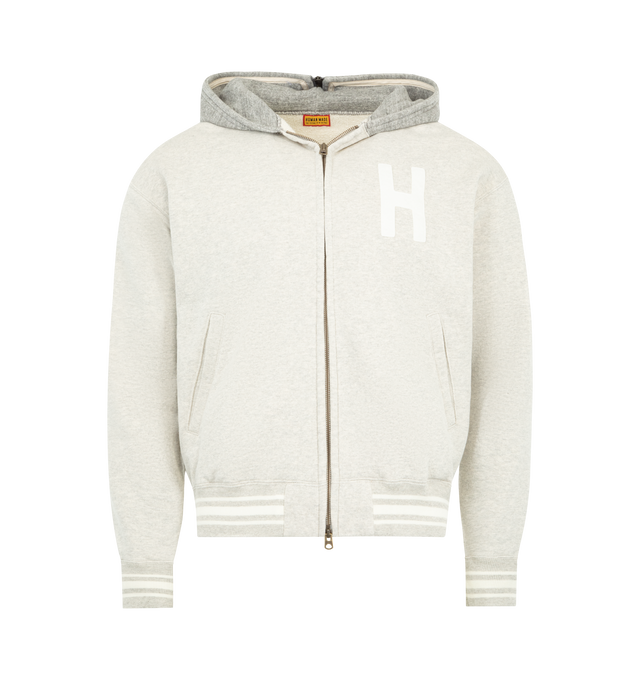 Image 1 of 3 - GREY - HUMAN MADE Zip-Up Hoodie featuring heavyweight cotton, H logo graphic at chest, large logo print at rear, zip closure, two front pockets, ribbed cuffs and hem with stripes and zippered hood. Cotton.