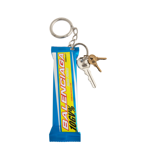 Image 1 of 2 - BLUE - BALENCIAGA Keychain Energy Bar Charm featuring Trompe l'il energy bar design, Balenciaga logo printed at front, BB and Balenciaga logos engraved, can be attached to the bag or be used as a keychain. L3.5 x H6.7 x W0.6 inch. TPU, brass and zamak. Made in Italy.