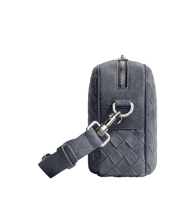 Image 2 of 3 - GREY - BOTTEGA VENETA Small Intrecciato Camera Bag featuring small Intrecciato suede leather cross-body bag with denim effect, detachable strap and metal D-ring, one interior flat pocket and zipper closure. Lambskin. Lining: canvas. Made in Italy.