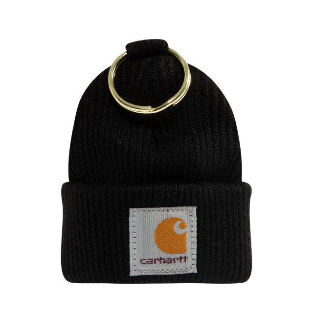 Image 1 of 2 - BLACK - CARHARTT WIP Mini Watch Hat Keychain featuring soft rib knit construction, woven Square Label on the front and metal keyring.