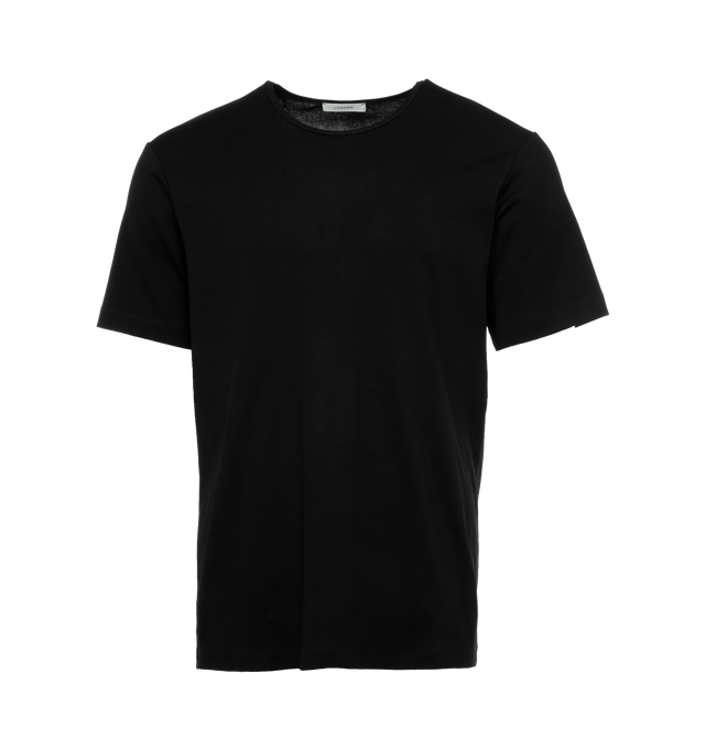 Image 1 of 2 - BLACK - LEMAIRE RIB U NECK T-SHIRT crafted from mid-weight jersey woven into a flexible rib. Its relaxed fit features a U neckline that sits low on the chest and dropped shoulders. Features boxy sleeves and hem outlined with twin needle stitching. 100% Cotton. Made in Portugal. 