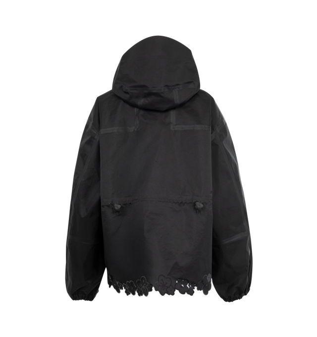 Image 2 of 3 - BLACK - TNF X CB Fiona Short Mountain Jacket featuring a cinched waist, scalloped hem of glossy floral appliqus and delicate flower zipper pullers, all-weather protection, fully adjustable hood, water-repellent finish, and matte black seam tape. 100% nylon. Lining: 100% polyester.
