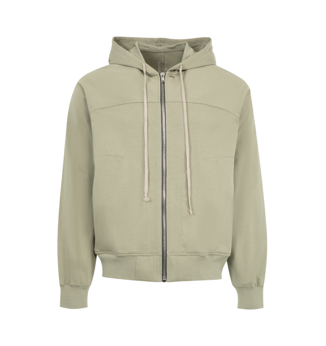 Image 1 of 2 - GREEN - Rick Owens Windbreaker Loose Fit Sweatshirt featuring drawstring hood, long sleeves, signature hanging laces, zip fastening on the front, stud detail on the front, 2 side pockets, ribbed hem and cuffs and silver colored metalware. 100% cotton. Made in Italy.