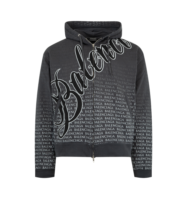 Image 1 of 2 - BLACK - BALENCIAGA Oversized Zip-Up Hoodie featuring oversized logo, faded monogram, fitted with a two-way zip through the front and relaxed cut. 100% cotton.