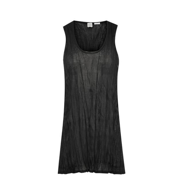 Image 1 of 2 - BLACK - TOTEME Crinkled Knit Tank featuring slim fit, fluid viscose with a crinkled cotton hand-feel, wide straps, a low scoop neckline, long, slim silhouette, slightly sheer and unlined. 75% viscose, 25% polyester.