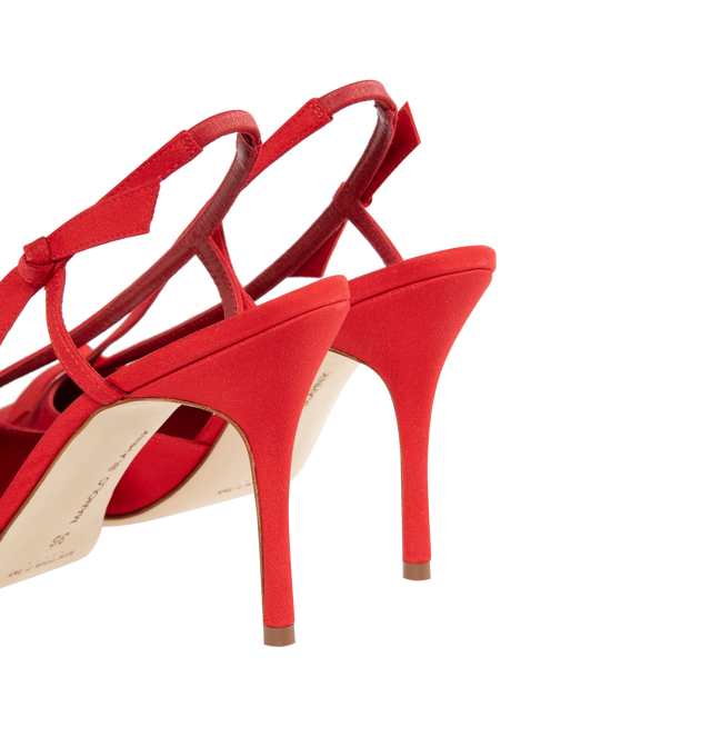 Image 3 of 4 - RED - MANOLO BLAHNIK CORNITA CREPE DE CHINE pointed toe mules featuring bow detailing and slingback design. Finished with 90mm stiletto high heel. Upper: 100% silk. Sole: 100% calf leather. Lining: 100% kid leather. Italian sizing. Made in Italy. 