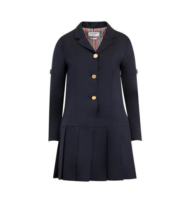 Image 1 of 2 - NAVY - THOM BROWNE Super 120's Twill Sportcoat Mini Dress featuring the structure of professional suiting with the fluidity of a pleated skirt, front button closure, buttoned armbands, buttoned cuffs with signature striped grosgrain trim, dropped back hem with signature striped grosgrain trim and signature striped grosgrain loop tab. 100% wool. Made in Italy.