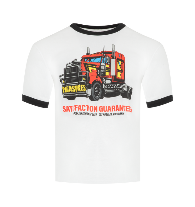Image 1 of 2 - WHITE - PLEASURES Big Load Ringer Tee featuring short sleeves, crew neck, contrast trim and graphic on front. 100% cotton.