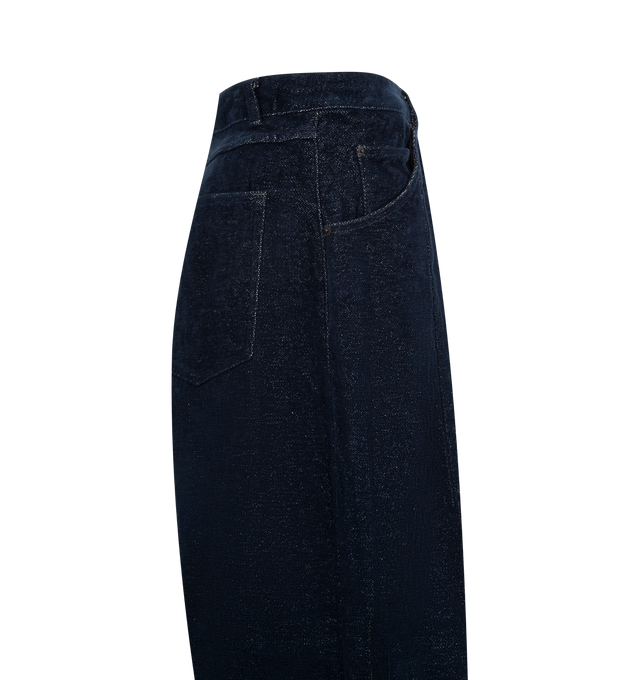 Image 3 of 3 - NAVY - NEEDLES HD Jean featuring wide, exaggerated HD shape, darts sewn into the waist and hem, loose, comfortable fit and a unique chenille with Japanese washi woven in. 56% cotton, 44% paper. Made in Japan.