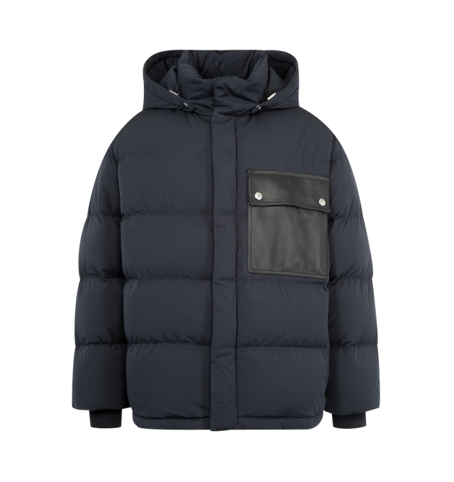 Image 1 of 4 - BLUE - BOTTEGA VENETA Puffer Jacket featuring leather flap front pocket, intrecciato leather elbow patch, stand collar, side pockets with snap closure and removable hood. Made in Italy.