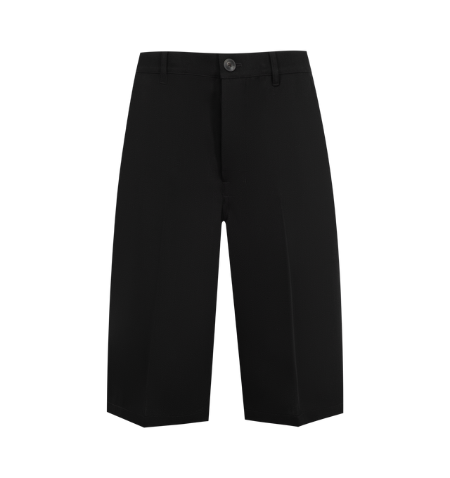 Image 1 of 3 - BLACK - Rick Owens Womens Work Shorts are crafted from twisted wool. Feature a knee-length silhouette, button closure with belt loops, diagonal side pockets, back pockets, and pressed front and back creases. Main Material: 100% Twisted Wool; Lining: 100% Cupro; Pocket Lining: 52% Polyester, 48% Cotton. Made in Japan.