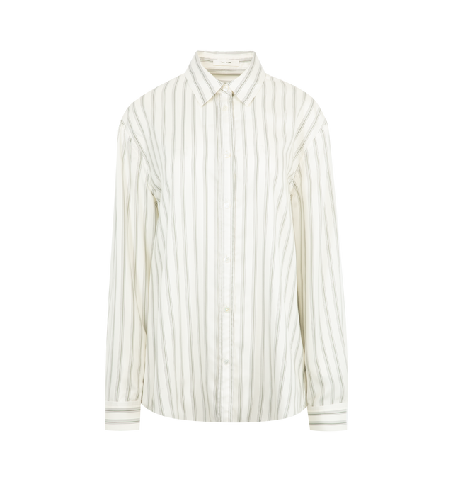 Image 1 of 2 - WHITE - The Row Classic button-up shirt in striped silk poplin with slightly curved hem, center back box pleat, and exposed front placket with mother-of-pearl buttons. 100% Silk. Made in Italy.