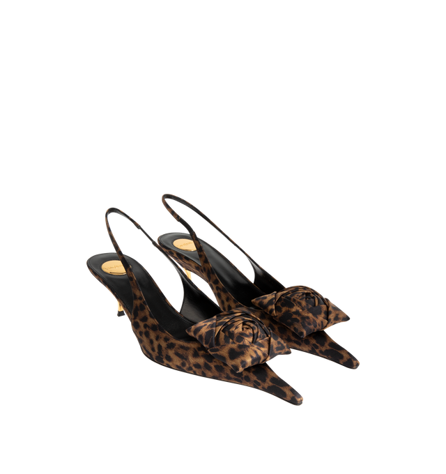 Image 2 of 4 - BROWN - SAINT LAURENT Dakota Slingback Pumps featuring a demi-wedge gold-tone kitten heel, elongated pointed toe with a hand-folded square rose, leather sole, round saint laurent-engraved metal plaque on the insole and elasticized slingback strap. Heel height: 5 cm / 1.9 inches. Silk. Made in Italy.