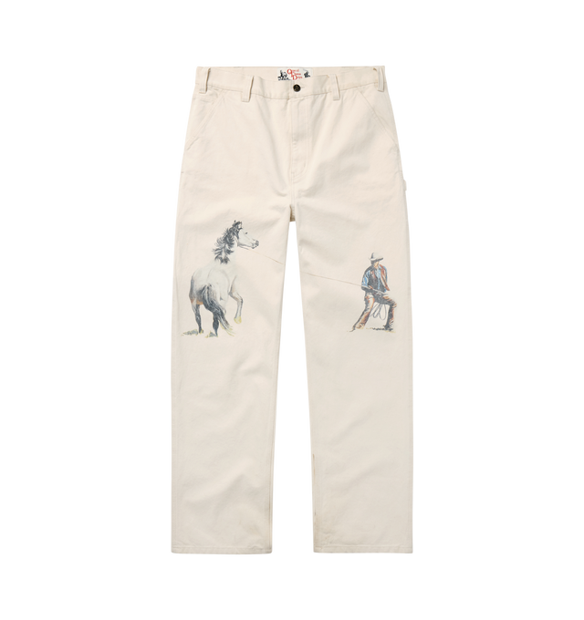 Image 1 of 5 - WHITE - ONE OF THESE DAYS If Not For The Rest Of Time Painters Pants featuring cotton-canvas carpenter pants with cowboy iconography, triple-needle stitching, reinforced belt loops, heavyweight twill pocket bags, zip fly with button closure, front slant pockets, back patch pockets, tool pocket and hammer loop. 100% cotton.