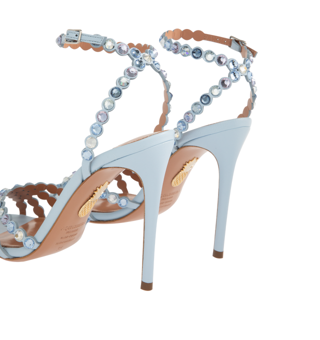 Image 3 of 4 - BLUE - AQUAZZURA Tequila Sandal 105 featuring adjustable buckle closure, stiletto heel, padded leather insole, crystals throughout and signature logo detailing. 105 mm. Made in Italy.