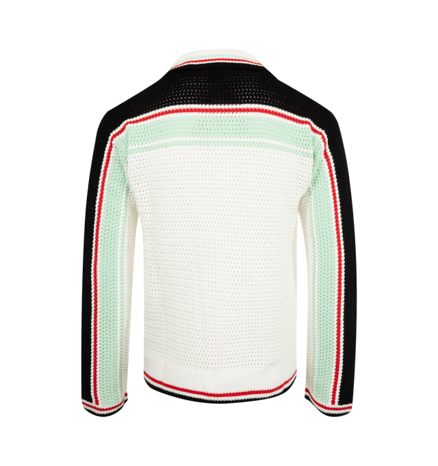Image 2 of 2 - WHITE - CASABLANCA Faux Crochet Shirt featuring ribbed open collar, placket, hem and cuffs, front button, embroidered chest logo patch, ribbed trim on patch pockets, back logo embroidery and gold-tone buttons with faux pearls. 100% cotton.