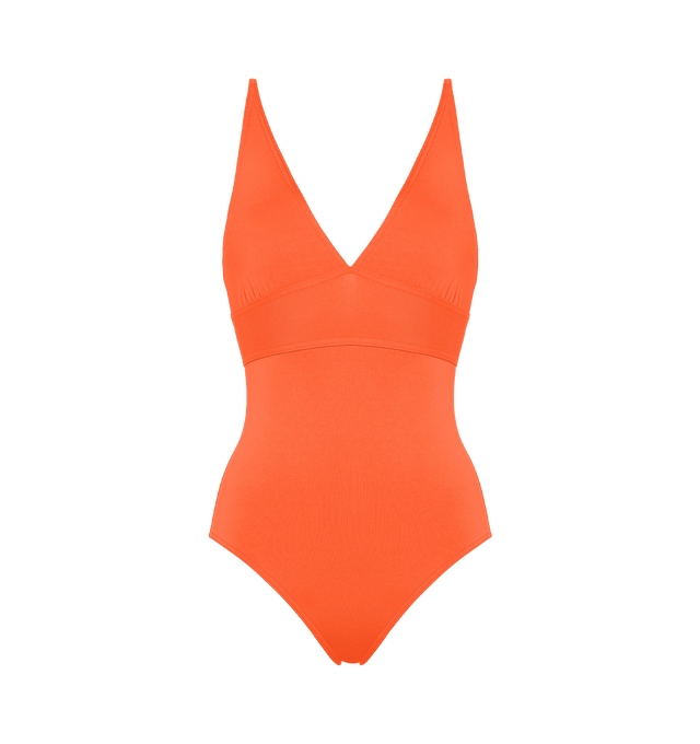 Image 1 of 6 - ORANGE - ERES Larcin One-Piece Triangle Swimsuit featuring thin straps, V-neckline and underbust seam. 84% Polyamid, 16% Spandex. Made in France. 