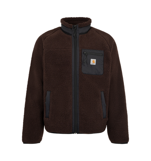 Image 1 of 3 - BROWN - Carhartt WIP Men's Prentis Liner Jacket is crafted from heavyweight polyester fleece and features a mock neck, contrast trim, embroidered logo detailing, and a front zip closure. Designed with a lined interior and zip front pockets, this relaxed silhouette combines warmth and functionality in a workwear-inspired design. Main Material: 100% Polyester. Trim: 100% Nylon. Lining: Lined. Collar: Mock Neck. Closure: Front Zip. Pockets: Front Zip Pockets. Details: Contrast Trim, Embroidered
