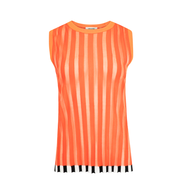 Image 1 of 2 - ORANGE - CHRISTOPHER JOHN ROGERS Pleated Shell Top with Alpaca Trim featuring sheer striped top with round neckline, sleeveless and finished with contrast hem. 42% merino wool, 38% polyester, 11% acrylic, 9% alpaca.