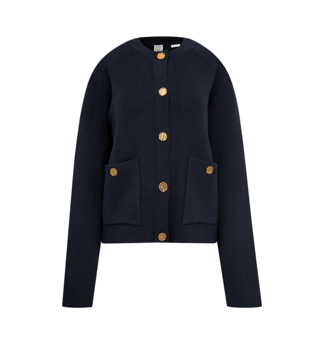 Image 1 of 2 - NAVY - TOTEME Hammered Button Cardigan featuring relaxed fit, hammered shank buttons on the placket and pockets, buttoned placket and patch pockets. 99% RWS wool, 1% elastane.