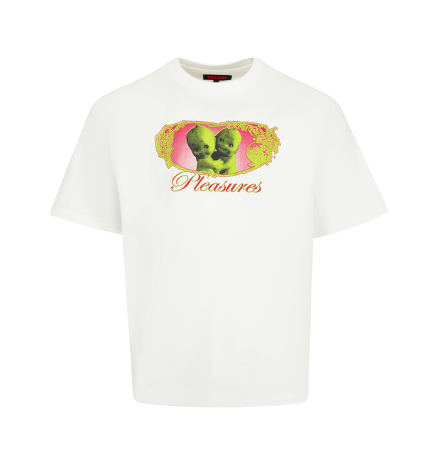 Image 1 of 2 - WHITE - PLEASURES Cutie Heavyweight Tee featuring jersey fabric, boxy fit, printed graphic on the chest, crew neck and short sleeves. 100% cotton.