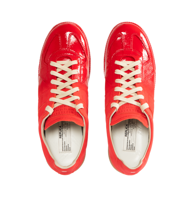 Image 5 of 5 - RED - MAISON MARGIELA Replica Sneakers featuring classic low-top silhouette, contrast of matte leather and a patent sprayed finish, streamlined sole, traditional lace-up construction and signature single white stitch. 100% calf leather. Made in Italy.